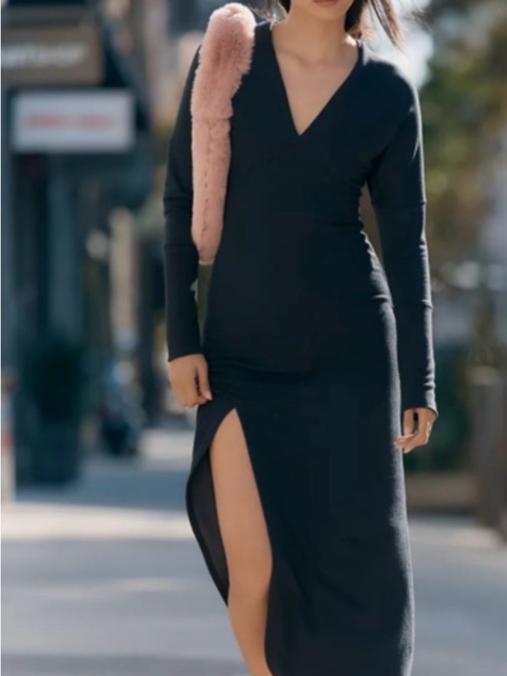 Women's Black V-Neck Long Sleeve Midi Dress with Side Slit